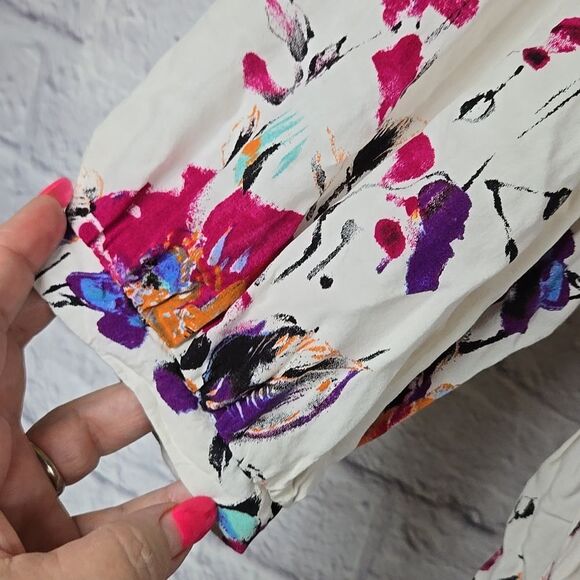 Umgee Boho Ivory Floral Printed Tunic Mini Dress V-Neck 3/4 Sleeves Womens Small - Picture 7 of 13